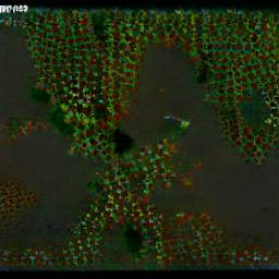 9: Highly speckled green area, with an almost regular matrix of brown specks (could be tree trunks); on both sides are grey blobs, so perhaps a forested hilltop.