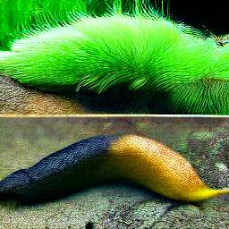7: Divided by a horizontal divider into two pictures: a bright neon green mess of hair in the upper picture, and in the  lower picture a slug with a brown front and banana-yellow back.