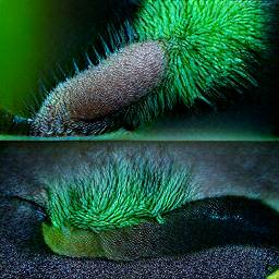 8: Divided into two images, one above the other: on top, a vaguely slug-like shape with spiky green hair, and on bottom, a slug that's black at the back, and at the front is green, and has hair sprouting up from its back at the back half.