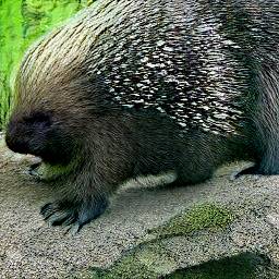 7: A porcupine. Natural background, stone and grass.