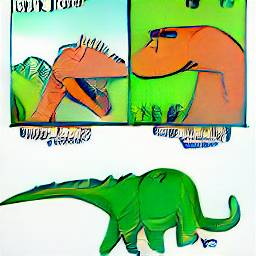 1: Three panels, top two with Utahraptor (orange dinosaur) on a grassy background, bottom panel with a very big green Sauropod-like dinosaur on a white background. An attempt at text bubbles was made.
