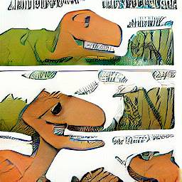 2: Two panels, vertically divided, with mostly-white backgrounds with a cliff in the background. In both panels, an orange Utahraptor-like creature.
