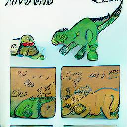 3: Three panels. Top panel: green T-Rex and a Winnie the Pooh -like shape. Bottom left: brown background, vague green shape. Bottom right: brown background, vague orange shape.