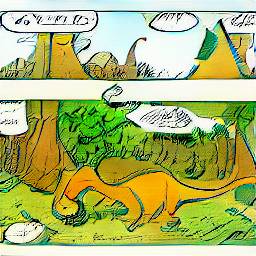 5: Two panels, each with a couple of text bubbles. Top panel: a long-necked dinosaur from very far away, and vague shapes that could either be a forest or a city, also a pyramid that appears to have green wings. Bottom panel: taller than the top panel,k forested background, Utahraptor seemingly lying on the ground, eating.