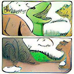 6: Two panels. Top panel: T-Rex exclaiming loudly like in the second panel of real Dinosaur Comics comics. Bottom panel: a green shape further away, maybe T-Rex's tail, but it's quite thick to be it. Both panels have a white sky, but have some features strewn about the ground, perhaps a thick tree trunk or a large rock on the left.