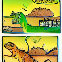 7: Two panels, yellow skies, an attempt at a text bubble in first panel. Top panel: T-Rex, standing, seen from the side, with a city and a brown mountain in the background. Bottom panel: Utahraptor, standing, seen from the side, the city is gone but the mountain remains.