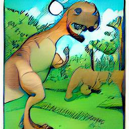 8: One panel, much more painterly than the other pictures. Utahraptor, but with a round face, almost like a human's. Utahraptor only has one arm. An empty white text bubble emerges to the left of Utahraptor's head. Grassy floor, blue sky, trees in background