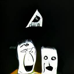 5: Black backround, a white triangle above two white drawn faces.