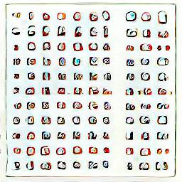 8: Black and red shapes, mostly square-shaped squiggles, very regularly placed on a white background, as 11 lines of first 7 characters, a space, then three more characters.