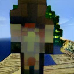 1: A closeup of a player character in Minecraft, at the seashore.