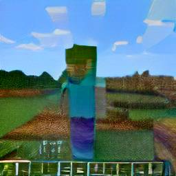 3: Green ground and blue sky, close to a farm, looking at either a player or a zombie. A village in the background?