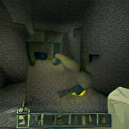 1: A small Minecraft cave, four blocks wide, looking at a few dropped items.