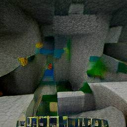 3: A tall Minecraft cave, with some green blocks down at the floor.