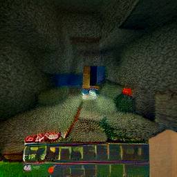 4: A low and narrow cave, and one red mushroom, looking towards a mineshaft and underground waterfalls. Two toolbars.