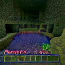 9: A greenish-tinged cave, with a row of water flowing towards a player; a farm under construction.