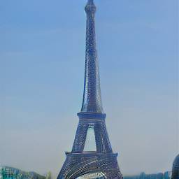3: The Eiffel Tower, from a medium distance. Light blue sky.