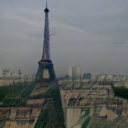 4: The Eiffel Tower, from afar, also showing the Champ de Mars park. Grey cloudy sky.