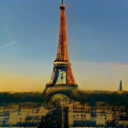 5: The Eiffel Tower, from afar, half-illuminated orange. A sunrise or sunset, with the sky being a gradient from yellowish-orange at the horizon to blue at the top.