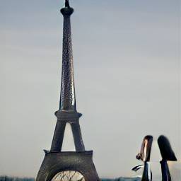 6: The Eiffel Tower, from afar. Almost black-and-white, not quite. A tiny bit of horizon at the bottom, and two weird figures in the lower right corner, that look perhaps like squashed-up narrow tall-headed humans observing it.