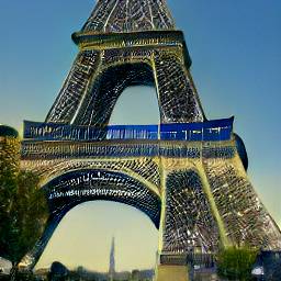 7: The Eiffel Tower, from very close up. Blue sky.