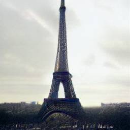 8: The Eiffel Tower, from a medium distance. Picture is essentially black-and-white. Low skyline. Slightly cloudy, but a bright sky.