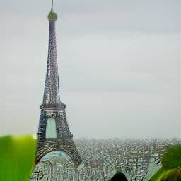 9: The Eiffel Tower, highly stylized and painterly, with a busy but low city to its right and a featureless green plain to its left.