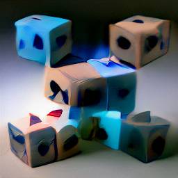 1: Blue and brown cubes, with round black holes in them, on a grey gradient background, with two of the cubes having pink noses.