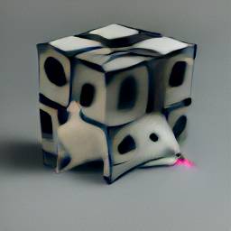 2: A large cube made from eight smaller cubes, which are grey with black edges, with black holes in their centers, and the cube on the lowest forward corner has two black eyes and a pink nose and is misshapen, approximately rat-shaped.