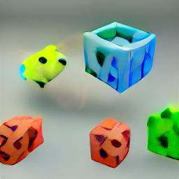3: Five cubes, with black hole eyes, floating above a grey plane. The biggest cube is blue, another is yellow, two are red, and the last one, partly off-screen, is green.