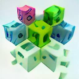 4: Seven colored cubes (four green, two blue, one pink) arranged in a circle, each with eyes or other facial features.