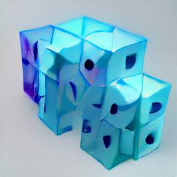 7: An arch-like shape built our of translucent light blue cubes, some of them with eyes black eyes.
