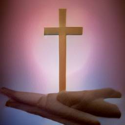 3: A Christian cross on what could be a hand, pink background.