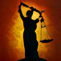 5: Silhouette of a statue of Lady Justice, orange-red background.
