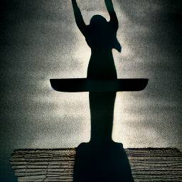 6: Silhouette of a statue of Lady Justice, grey background.