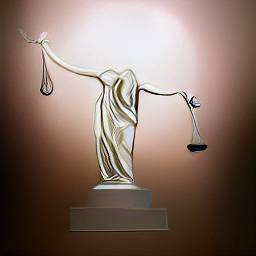 7: Stylized white statue of Lady Justice, without a head, pinkish-yellow background.