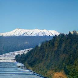 2: A forested landscape, a river, and a snowy mountain in the distance.