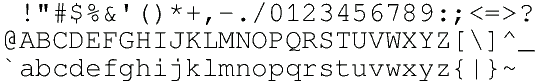 Test of the font FreeMono, displaying all printable ASCII characters over 3 lines, 32 characters per line.