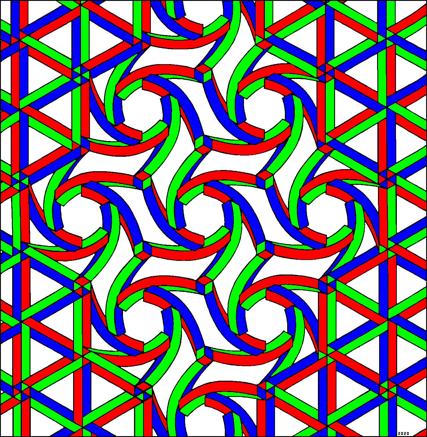 a graph-like structure, of angled boxes connected to cuboid nodes, coloured in red, green, and blue.
