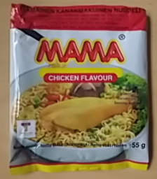 an empty mama-brand chicken-flavour instant noodle packet.