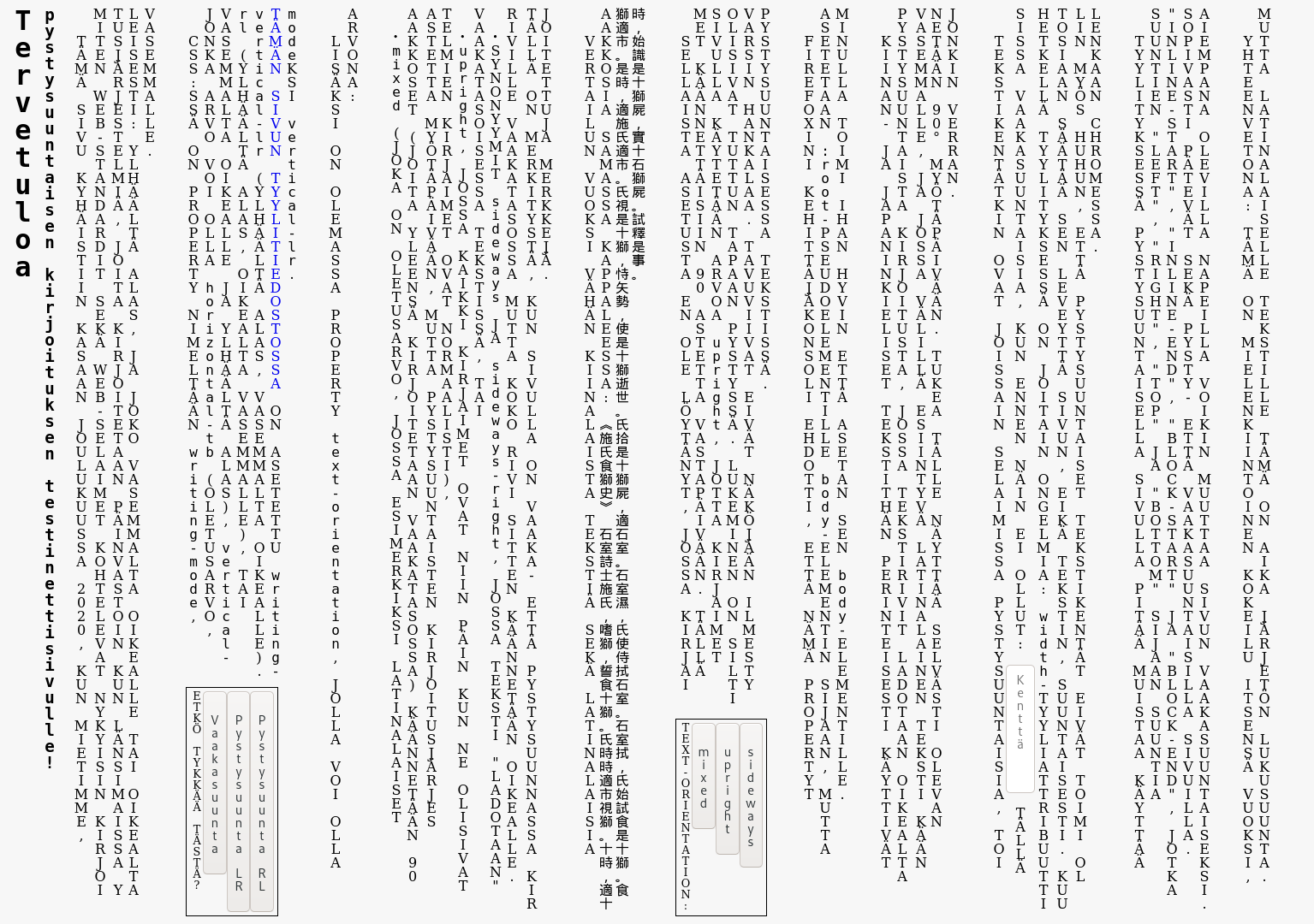 a rendering of a webpage of finnish text, but written vertically, top-to-bottom, with columns left-to-right, with upright letters.