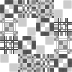 abstract geometrical drawing of squares and rectangles, in four shades of grey plus black and white.