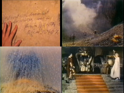 four frames of low-resolution video: one with a hand on text, another of people in a cave, a third unintelligible (possibly a scene of a grim tower out of a rainy window), a fourth of a king's court.