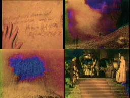 the same four frames, with hue and brightness information, no saturation variation: the images are intelligible, but the colours are all off: blues are too bright, greens and magentas caused by compression artifacts are clearly visible, and orange dominates, like as if the images were left out in the sun and their pigments faded.