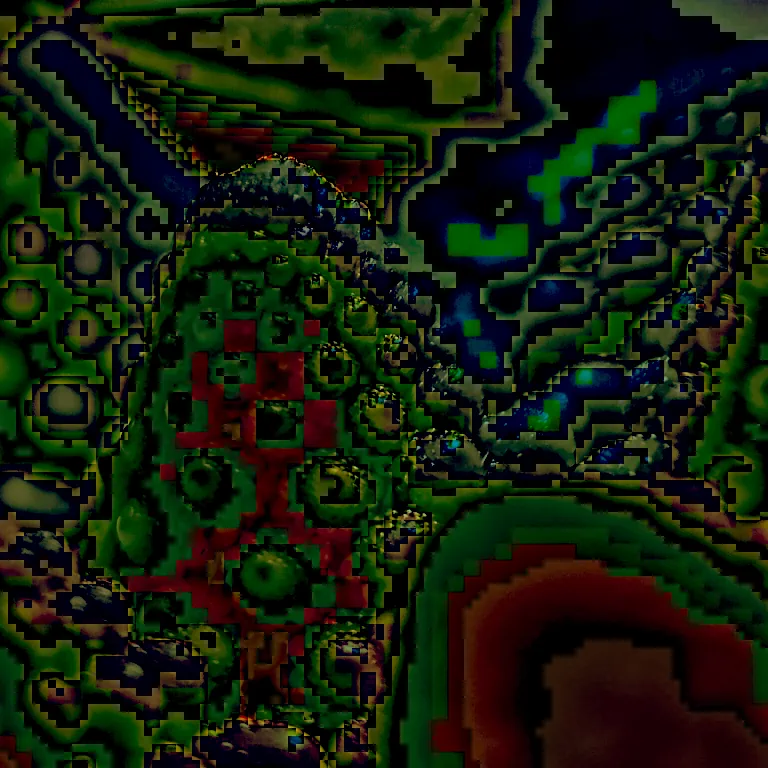 The original image on hallucinogens, with the brightness data almost recognizable but with the hues severely shifted along macroblock boundaries, logs of pure green, lots of pure red, an odd area with pure blue.